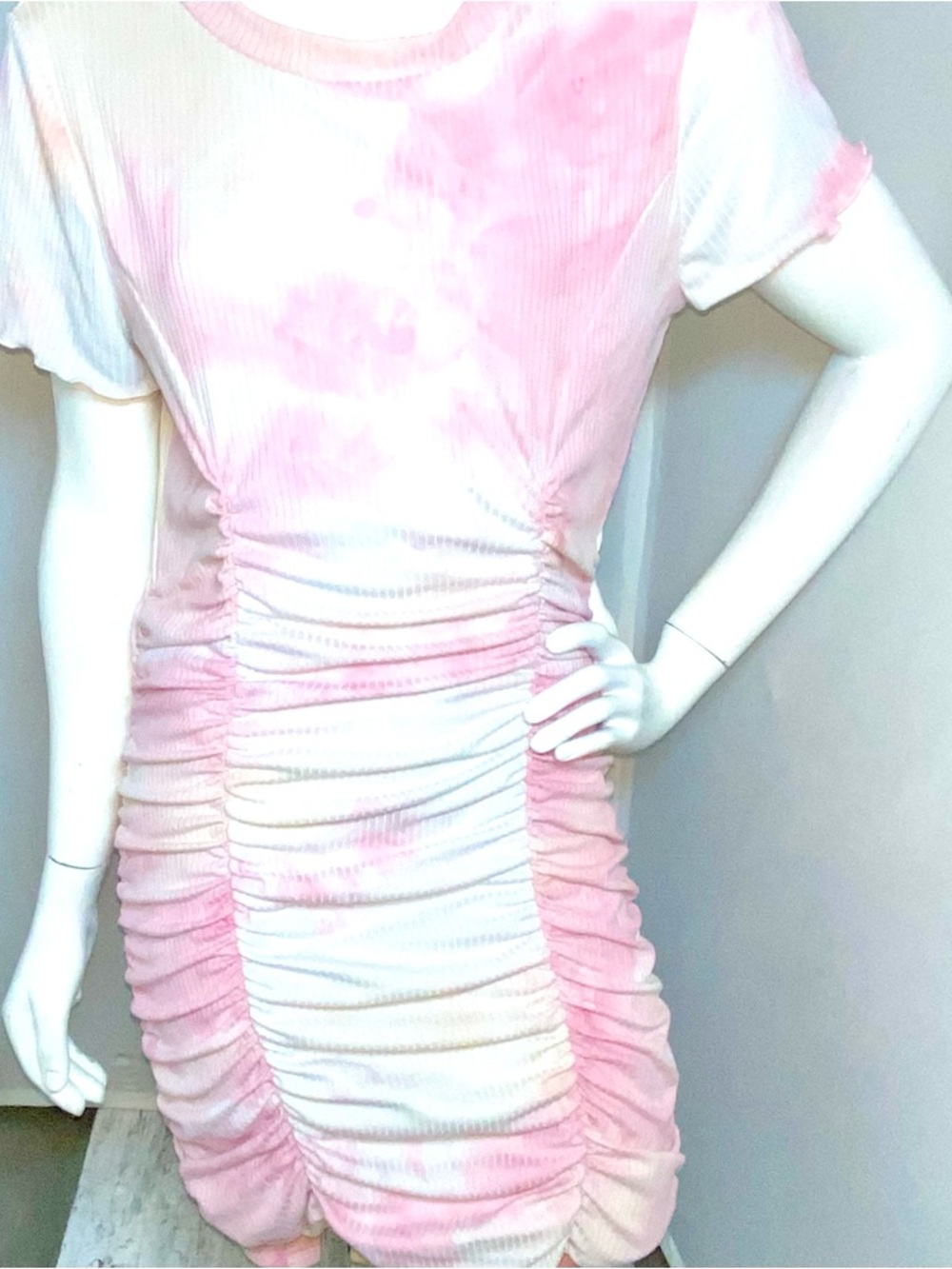 Ruched Tie-Dye Mini Dress in Pink and White
